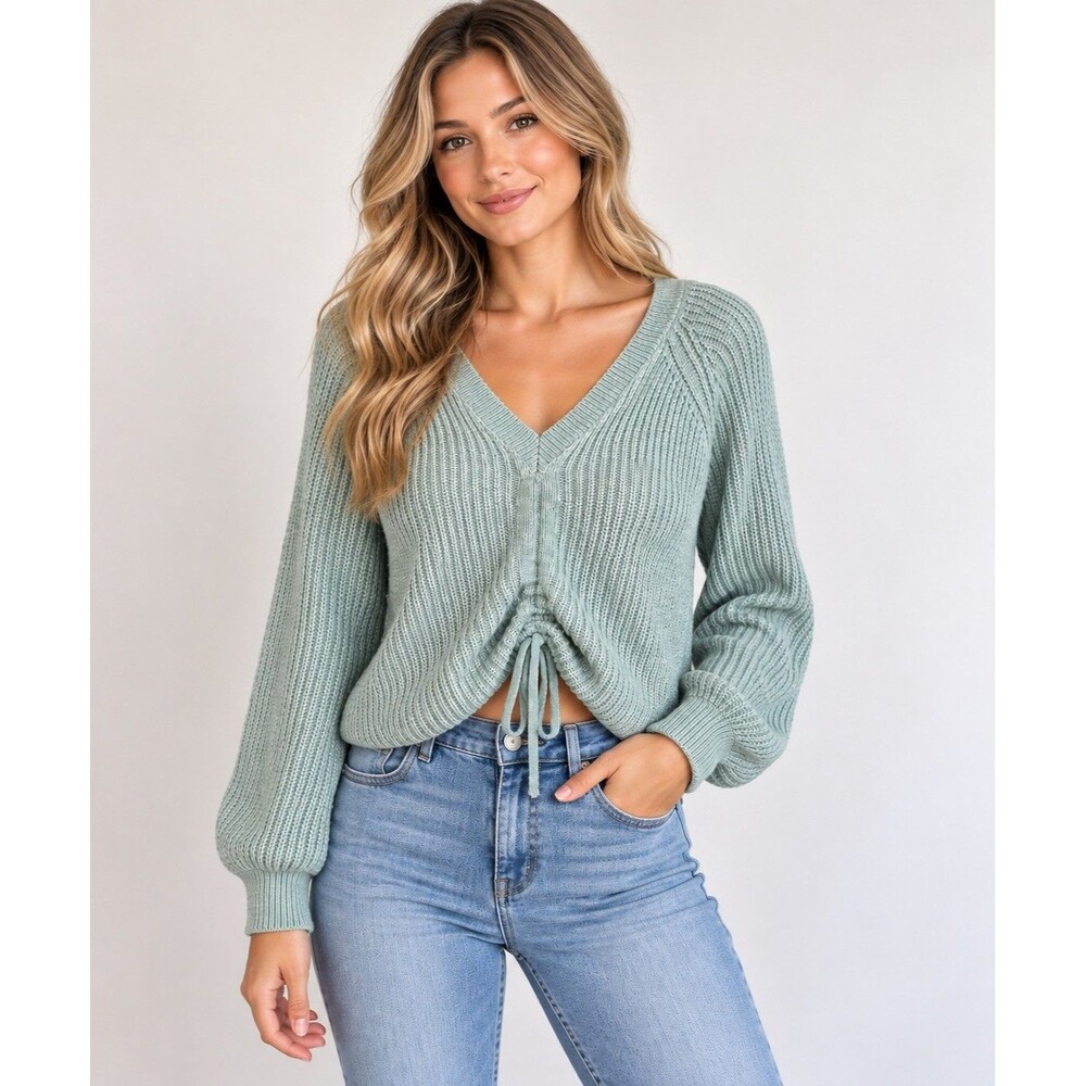 SO Women's Medium Sage Green Ruched Drawstring V Neck Knit Pullover Sweater Y2K